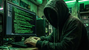 Anonym hacker ved en computer, cyberpunk grøn-på-sort tapet