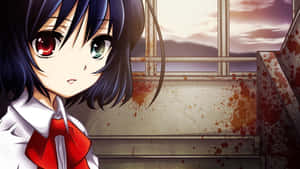 Anime girl with red and green eyes in bloodstained room at dusk. — Hallway Background