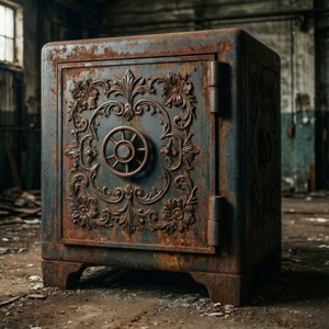 Um cofre vintage ornamentado em um ambiente abandonado com uma atmosfera sombria.