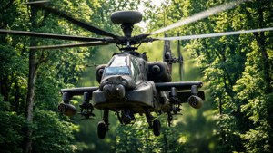 En Apache-helikopter der suser over trætoppene