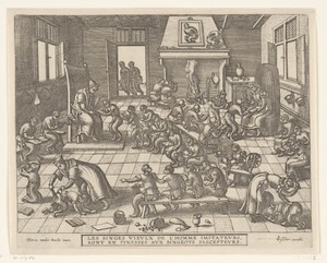 Apenschool by Pieter van der Borcht (I), created 1597 - 1608, in paper; etching. Download this artwork as a high-resolution wallpaper for desktop, tablet, or mo — Pieter van der Borcht (I) Wallpaper