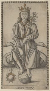 Apollo by Master of the E-Series Tarocchi, created c. 1465, in engraving with gilding. Download this artwork as a high-resolution wallpaper for desktop, tablet, — Art Picture