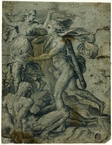 Apollo and Daphne by Perino del Vaga, created 1575/99, in Brush and blue wash, heightened with lead white (oxidized), on blue laid paper, laid down on blue laid — Blue Wallpaper