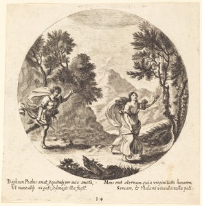 Apollo and Daphne by Georg Andreas Wolfgang the Elder, created 1665, in etching on laid paper. Download this artwork as a high-resolution wallpaper for desktop, — Georg Andreas Wolfgang the Elder Wallpaper