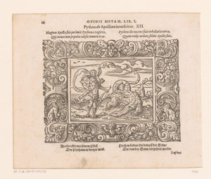 Apollo doodt de python by Virgilius Solis, created 1569, in paper; letterpress printing; houtsnede. Download this artwork as a high-resolution wallpaper for des — Virgilius Solis Wallpaper