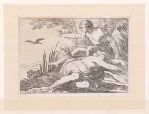 Apollo en Coronis by Laurent de La Hyre, created 1616 - 1656, in paper; etching; engraving. Download this artwork as a high-resolution wallpaper for desktop, ta — Laurent de La Hyre Wallpaper