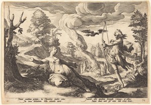 Apollo Killing Coronis by Robert de Baudous, in engraving on laid paper. Download this artwork as a high-resolution wallpaper for desktop, tablet, or mobile. — Art Picture