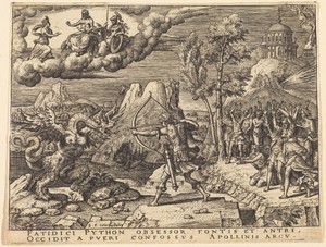 Apollo Killing Python by Etienne Delaune, in engraving. Download this artwork as a high-resolution wallpaper for desktop, tablet, or mobile. — Etienne Delaune Wallpaper