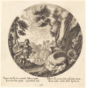 Apollo Killing the Python by Georg Andreas Wolfgang the Elder, created 1665, in etching on laid paper. Download this artwork as a high-resolution wallpaper for — Georg Andreas Wolfgang the Elder Wallpaper