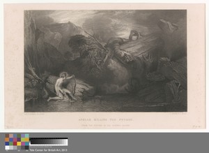 Apollo Killing the Python by Lumb Stocks, in Etching and engraving on medium, slightly textured, cream wove paper. Download this artwork as a high-resolution wa