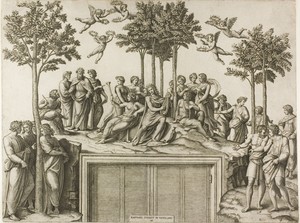Apollo on Parnassus by Marcantonio Raimondi, created 1517/20, in Engraving on ivory laid paper. Download this artwork as a high-resolution wallpaper for desktop — Illustration Background