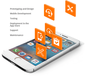 Smartphone with floating app icons for mobile development and testing.