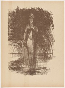 Apparition by Georges Rochegrosse, created 1895, in lithograph in brown on heavy japan paper. Download this artwork as a high-resolution wallpaper for desktop, — Georges Rochegrosse Wallpaper