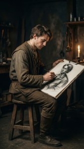 Woutherus Mol muda membuat sketsa di bengkel yang diterangi lilin, fokus dan intens.