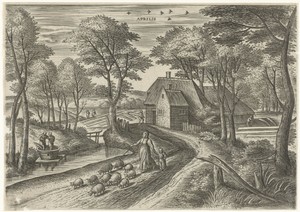 April by Julius Goltzius, created c. 1560 - 1595, in paper; engraving. Download this artwork as a high-resolution wallpaper for desktop, tablet, or mobile. — Julius Goltzius Wallpaper