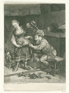 April by Cornelis Dusart, created 1679 - 1704, in paper; engraving; mezzotint. Download this artwork as a high-resolution wallpaper for desktop, tablet, or mobi — Art Picture