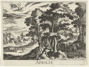 April by Simon Frisius, created 1611, in paper; etching. Download this artwork as a high-resolution wallpaper for desktop, tablet, or mobile. — Travel Wallpaper
