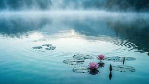 Een rustig uitzicht op de waterzone in Fog Hill of Five Elements met lotusbloemen en reflecterend meer