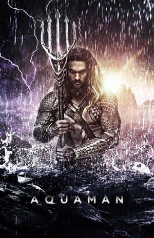 Aquaman wields his trident in a stormy ocean with lightning in the background. — Aquaman Background