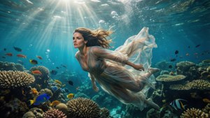 Laetitia Casta under vann i et korallrev med sollys og fisk.