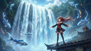 Anime girl on roof with glowing fish flying near waterfall — Weathering With You Background