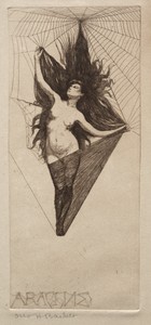 Arachne by Otto H. Bacher, created 1884, in etching. Download this artwork as a high-resolution wallpaper for desktop, tablet, or mobile. — Otto H. Bacher Wallpaper
