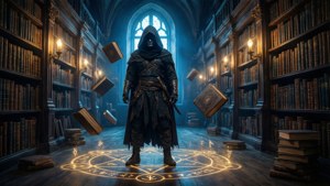 Budak Bayangan di perpustakaan megah dengan buku-buku melayang dan simbol arcane