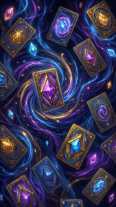 Et abstrakt Hearthstone-tema mønster med kort og arkan energi