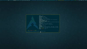 Linux-Terminal mit Systeminfo auf einem dunklen tealfarbenen Desktop mit geometrischem Muster.