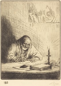 Archeologist (L'archeologue) by Alphonse Legros, in etching and drypoint. Download this artwork as a high-resolution wallpaper for desktop, tablet, or mobile. — Alphonse Legros Wallpaper