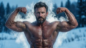Bodybuilder i sne, damp fra huden, episk kold kontrast.