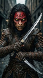 Portrait of an Argonian shadowscale assassin with dual daggers, dark alley, moody.