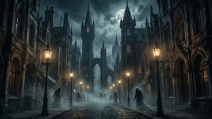 Pemandangan malam gotik Arkham dengan lampu gas dan jalanan berkabut.