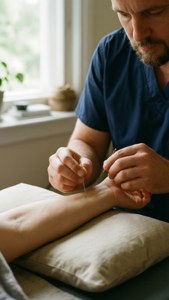 Akupunkteur führt sanft eine Nadel in den Unterarm eines Patienten ein.