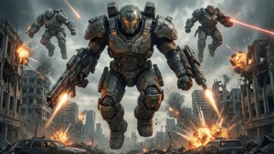 Armor Hunters turun dengan pakaian tempur di atas kota yang hancur