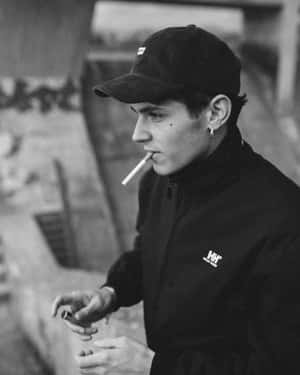 Jovem fumando cigarro em ambiente urbano usando boné e jaqueta — Aron Piper Papéis de Parede