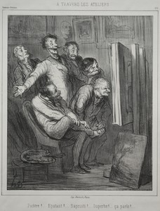 Around the Studios by Honoré Daumier, created 1862, in lithograph. Download this artwork as a high-resolution wallpaper for desktop, tablet, or mobile. — Painting Picture