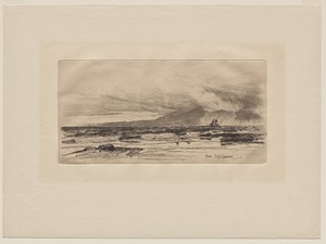 Arran by David Young Cameron, created 1889, in etching. Download this artwork as a high-resolution wallpaper for desktop, tablet, or mobile. — David Young Cameron Wallpaper