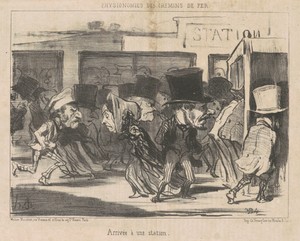 Arrivée a une station by Honoré Daumier, created 1852, in lithograph. Download this artwork as a high-resolution wallpaper for desktop, tablet, or mobile. — Honoré Daumier Wallpaper