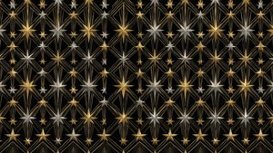 Um papel de parede geométrico luxuoso com estrelas cadentes repetidas em ouro e prata sobre preto.