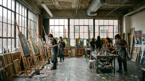Kunststudio aan de UIUC School of Art + Design met studenten die schilderen