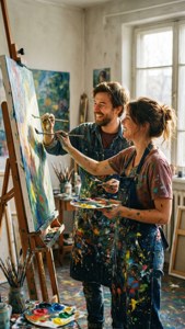 Par maler sammen i et lyst kunststudio