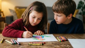 Ruby dessine pendant que Max regarde, entouré de crayons et de papier.
