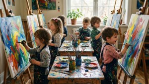 Barn maler fargerik kunst ved staffelier i et lyst førskoleklasserom