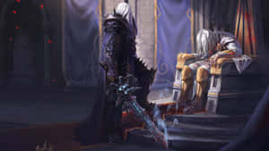 Skeletal knight kneels before a slumped king on a stone throne in a dark castle hall.