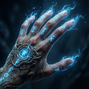 Selene's hand activates an alien artifact with spreading blue symbols. — Returnal Wallpaper