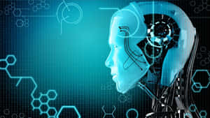 Futuristisch robothoofd met gloeiende interne circuits en digitale zeshoekige patronen.