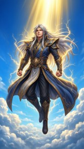 Laxus Dreyar s'élève héroïquement avec une aura de foudre contre un ciel lumineux.