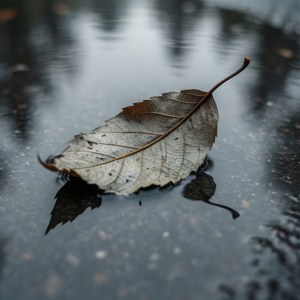 Et falt blad hviler på en sølepytt, speilbildet reflektert i vannet.