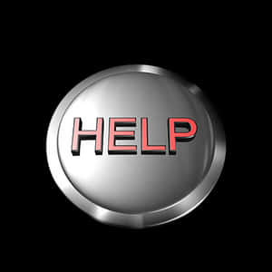 A glowing red help button with metallic finish on black background.